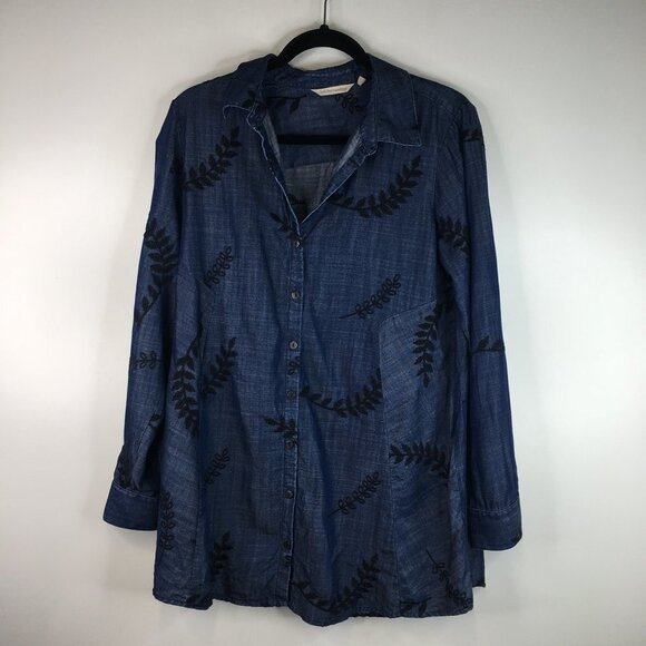 Soft Surroundings Tencel Blue Embroidered Floral Button Down Top Size M - Picture 2 of 9